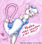  bent_over blush butt butt_heart clothed clothing dialog dialogue ek_goya elkit female french_text inviting looking_at_viewer looking_back mammal miss_kitty miss_kitty_mouse mouse raised_tail rodent seductive skimpy solo text the_great_mouse_detective 