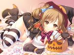  bow brown_eyes brown_hair food gloves halloween hotch_kiss witch 