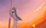 alice_carroll aria capelet cloud evening fingerless_gloves gloves green_hair hat holding long_hair long_sleeves ocean purple_eyes sky solo sunset travo twilight water 