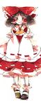  black_hair bobby_socks bow detached_sleeves hair_bow hakurei_reimu highres mary_janes mielang orange_eyes red_eyes shoes socks solo standing touhou wavy_mouth wide_sleeves 