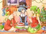  :d ^_^ ahoge bare_shoulders bell bell_(rbb) blue_(rbb) blue_eyes blue_hair blush cake christmas_tree closed_eyes curtains elbow_gloves food fork fruit gift glass gloves green_hair green_legwear hair_bell hair_ornament hat hat_ribbon holding kneeling looking_at_another multiple_girls open_mouth orange_hair original ponytail rainy_(rbb) rainybluebell ribbon rojiko sack short_hair smile star stocking_stuffer strawberry thighhighs top_hat window 