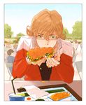  barnaby_brooks_jr blonde_hair eating erika_(sakana0529) food french_fries glasses green_eyes jacket male_focus red_jacket sandwich solo tiger_&amp;_bunny 