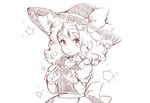  :&gt; braid hair_ribbon hat hat_ribbon kirisame_marisa mielang monochrome ribbon side_braid smile solo star touhou witch_hat 