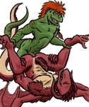  anal_penetration anthro anus butt dragon duo erection gay hair lizard male muscles penetration penis plain_background quixoticallyerotic red_hair reptile scalie smile spread_legs spreading white_background wings 