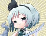  abua black_hairband blush_stickers hair_ribbon hairband konpaku_youmu konpaku_youmu_(ghost) ribbon short_hair silver_hair smile smug solo sword touhou troll_face weapon 