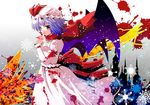  1girl bat_wings blood blood_splatter blouse brown_eyes hand_to_own_mouth hat hat_ribbon remilia_scarlet ribbon scarf short_hair skirt skirt_set solo touhou wings 