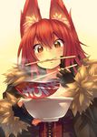  animal_ears black_gloves bowl chopsticks fang fingerless_gloves fox_ears fur_trim garuku gloves holding jacket long_sleeves mouth_hold original red_eyes red_hair simple_background solo yellow_eyes 