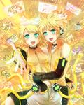  1girl aqua_eyes arm_warmers blonde_hair brother_and_sister detached_sleeves hair_ornament hair_ribbon hairclip highres kagamine_len kagamine_len_(append) kagamine_rin kagamine_rin_(append) navel open_mouth ribbon short_hair siblings smile twins vocaloid vocaloid_append zashiki_usagi 