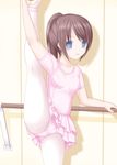  bad_id bad_pixiv_id ballet ballet_slippers barre blue_eyes brown_hair flexible highres leg_up leotard long_hair original pantyhose ponytail shoe_ribbon short_hair skirt solo tsukino_neru tutu 