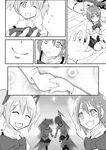  comic friends greyscale hair_ornament hair_ribbon hairclip highres hiiragi_shou holding_hands kaname_madoka mahou_shoujo_madoka_magica miki_sayaka monochrome multiple_girls pointing ribbon running school_uniform short_hair short_twintails silent_comic sitting smile twintails wariza 