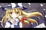  alternate_costume bad_id bad_pixiv_id blonde_hair blush bow braid breath dark_sky hair_bow hair_ribbon hat hat_ribbon kirisame_marisa ribbon scarf side_braid sky smile snow solo sousouman steam touhou tree winter witch_hat yellow_eyes 