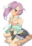  bare_shoulders boots gokubuto_mayuge jewelry necklace odette_(rune_factory) ponytail purple_hair rune_factory rune_factory_oceans side_ponytail sitting solo wariza yellow_eyes 