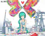  2d alternate_hairstyle aqua_eyes aqua_hair bug butterfly colorful grin hatsune_miku headphones heart indian_style insect ladder long_hair looking_at_viewer one_eye_closed overalls paint paint_can paint_splatter paint_stains paintbrush painting ponytail sitting smile solo trim_brush vocaloid 