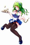  asagaya bad_id bad_pixiv_id cross dream_c_club dream_c_club_(series) frog garlic garter_belt green_eyes green_hair hair_ornament hair_tubes highres kochiya_sanae long_hair mary_janes one_eye_closed shoes skirt snake solo touhou waitress 