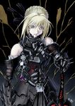  adapted_costume armor armored_dress artoria_pendragon_(all) baiyong bare_shoulders black_armor blonde_hair clawed_gauntlets dress fate/stay_night fate_(series) gauntlets hair_ribbon pale_skin ribbon saber_alter solo sword weapon yellow_eyes 