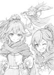  1girl anna_(fire_emblem) axe battle_axe belt_pouch blush cloak crossed_bangs fire_emblem fire_emblem_engage gloves greyscale grin high_ponytail holding holding_axe incoming_attack long_hair looking_at_viewer monochrome multiple_views ok_sign one_eye_closed open_mouth pouch sidelocks simple_background smile ten_(tenchan_man) weapon 