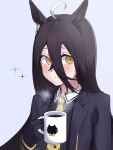  1girl a4_(a4_eishi) absurdres ahoge animal_ears black_coat black_gloves black_hair black_shirt blush closed_mouth coat coffee collared_shirt cup diffraction_spikes earrings gloves hand_up highres holding holding_cup horse_ears jewelry long_hair long_sleeves looking_at_viewer manhattan_cafe_(umamusume) multicolored_hair necktie raised_eyebrows shirt single_earring smi solo steam streaked_hair teeth umamusume upper_teeth_only yellow_eyes yellow_necktie 