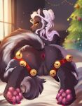 2023 anthro anus belsnep butt christmas christmas_tree claws digital_media_(artwork) eyebrows eyelashes female fur genitals hair hi_res holidays inside looking_at_viewer looking_back looking_back_at_viewer mammal mephitid pawpads plant pussy rear_view skunk smile solo toe_claws tree