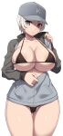  1girl baseball_cap bikini black_bikini black_jacket blue_eyes breasts cleavage closed_mouth collarbone commentary_request covered_nipples girls_und_panzer grey_hair grey_headwear grey_jacket hat highres huge_breasts jacket long_sleeves looking_at_viewer micro_bikini multicolored_clothes multicolored_jacket samegami short_hair simple_background solo standing swimsuit thick_thighs thighs two-tone_jacket unzipping white_background youko_(girls_und_panzer) 