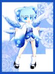  alternate_costume bad_id bad_pixiv_id blue blue_eyes blue_hair bow cirno cocozasa full_body furisode genjiguruma geta hair_bow hair_ornament hairclip highres ice ice_wings japanese_clothes kimono kimono_skirt obi okobo sash short_hair short_kimono smile snowflakes solo standing tabi touhou wings 