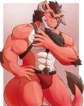 abs absurd_res anthro arm_tuft biceps clothed clothing dragon elbow_tuft facial_hair hair hi_res horn lofnirv male muscular muscular_anthro muscular_male one_eye_closed open_mouth pubes red_body shirt simple_background solo tail tail_tuft tank_top teeth topwear tuft underwear white_body