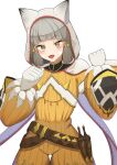  1girl :d animal_ears animal_hood blush bodysuit brown_eyes clenched_hands commentary_request cowboy_shot eteko_(eteco30) facial_mark fake_animal_ears gloves grey_hair groin highres hood hood_up long_sleeves looking_at_viewer nia_(xenoblade) puffy_long_sleeves puffy_sleeves simple_background smile solo standing whisker_markings white_background white_gloves xenoblade_chronicles_(series) xenoblade_chronicles_2 yellow_bodysuit 