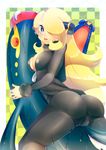  1girl ass blonde_hair breasts center_opening cleavage eelektrik eelektross erect_nipples garchomp hair_over_one_eye large_breasts naoto_(yandereheaven) open_mouth pokemon shirona_(pokemon) smile solo sweatdrop wet white_eyes 