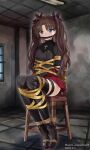  1girl absurdres arms_behind_back ass bdsm blue_eyes bondage boots bound bound_ankles bound_arms bound_legs bound_torso brown_hair cloth_gag cross fate/stay_night fate_(series) gag gagged hair_ribbon high_heel_boots high_heels highres improvised_gag latin_cross long_hair looking_at_viewer miniskirt nero_augustus red_skirt restrained ribbon rope shibari shibari_over_clothes skirt solo tape tape_bondage thigh_boots thigh_strap tied_to_chair tohsaka_rin twintails two_side_up zettai_ryouiki 