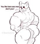 anthro beetleartz big_butt blush boy_kisser_(meme) butt digital_media_(artwork) fur hi_res looking_at_viewer looking_back male male/male muscular muscular_male silly_cat_(mauzymice) solo text white_body white_fur