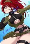  1girl ayato_g90210 belt beret breasts character_name earrings eyepatch gloves green_jacket hat highres holster jacket jewelry leona_heidern orochi_leona ponytail red_hair snk snk_heroines:_tag_team_frenzy soldier solo the_king_of_fighters thong triangle_earrings underboob 