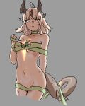  1girl ahoge arknights astrograph21 blonde_hair breasts cowboy_shot cropped_legs dragon_girl dragon_horns dragon_tail green_eyes green_ribbon grey_background groin highres horns long_hair looking_at_viewer naked_ribbon reed_(arknights) ribbon simple_background small_breasts solo tail 