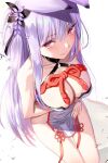  1girl animal_ear_fluff animal_ears bare_shoulders blush breasts cleavage closed_mouth collarbone flower fox_ears fox_girl from_above hair_between_eyes hair_flower hair_ornament indie_virtual_youtuber japanese_clothes kamishiro_natsume kitsune large_breasts long_hair looking_at_viewer purple_hair red_eyes red_ribbon ribbon simple_background sitting smile solo virtual_youtuber water_drop white_background 