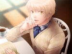  1boy blonde_hair book chair cup floor indoors looking_at_viewer lossless michael_levi necktie non-web_source open_book shingakkou short_hair sitting solo table tea teacup wooden_floor 