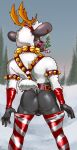 anthro antlers backsack balls belt_buckle bovid butt candy candy_cane caprine clothing dessert ear_piercing ear_ring food genitals harness hi_res horn latex leather legwear looking_back male mammal outside piercing pinkpalmingo plant ring_piercing sheep snow solo tail thigh_highs tree winter