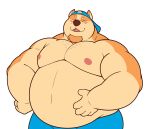 anthro backwards_hat beard belly big_belly blush bottomwear canid canine canis clothing domestic_dog facial_hair hand_on_hip hand_on_stomach hat headgear headwear hi_res male mammal manlyster musclegut muscular muscular_anthro muscular_male narrowed_eyes nipples overweight overweight_anthro overweight_male pit_bull shorts smile solo squint