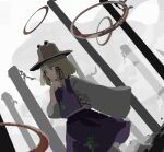  1girl animal_print blonde_hair brown_headwear closed_mouth cowboy_shot finger_to_own_chin flat_chest frog_print hair_ribbon hat highres kaigen_1025 long_sleeves medium_hair moriya_suwako purple_skirt purple_vest red_ribbon ribbon sketch skirt smile solo sweater thighhighs touhou vest white_sweater white_thighhighs yellow_eyes 