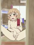  1girl areolae bed blonde_hair blush breasts brown_eyes cellphone censored dom dom_(jiromike2000) female flower hanasaku_iroha holding indoors jiromike2000 matsumae_ohana mirror nipples nude open_mouth phone pussy self_shot short_hair sitting solo spread_legs spread_pussy 