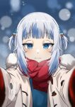  1girl absurdres blue_hair blunt_bangs blush coat duffel_coat gawr_gura gloves grey_hair hair_ornament highres hololive hololive_english looking_at_viewer medium_hair meme multicolored_hair pov_cheek_warming_(meme) reaching reaching_towards_viewer rebelium red_gloves red_scarf scarf shark_hair_ornament sidelocks smile snow solo streaked_hair two_side_up virtual_youtuber white_coat 