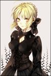  ahoge artoria_pendragon_(all) bad_id bad_pixiv_id black_dress blonde_hair bow braid breasts center_opening cleavage dress english fate/stay_night fate_(series) gothic_lolita hair_bow hair_up highres kazari_tayu lolita_fashion looking_at_viewer medium_breasts saber_alter simple_background smile solo yellow_eyes 