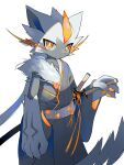 absurd_res anthro asian_clothing clothed clothing east_asian_clothing felid feline fur generation_7_pokemon hi_res japanese_clothing japanese_sword legendary_pokemon looking_at_viewer mammal melee_weapon nintendo oo_kunu pokemon pokemon_(species) simple_background solo sword weapon white_background white_body white_fur zeraora