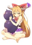  1girl absurdres barefoot blush bow commentary_request feet full_body gourd hair_between_eyes hair_bow heart highres horn_bow horn_ornament horns ibuki_suika indian_style jitome long_hair looking_at_viewer o3o oni oni_horns orange_eyes orange_hair pointy_ears purple_bow purple_skirt red_bow red_ribbon ribbon ribbon-trimmed_skirt ribbon_trim seika_okawari shirt sidelocks simple_background sitting skirt sleeveless sleeveless_shirt soles solo toes touhou two-tone_skirt very_long_hair white_background white_shirt white_skirt white_wrist_cuffs 