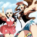  :d :o alternate_costume bad_id bad_pixiv_id baseball_cap beanie black_hair blue_eyes brown_hair coat denim denim_shorts hat hikari_(pokemon) hirococo lowres multiple_girls open_mouth pointing pokemon pokemon_(game) pokemon_bw pokemon_dppt pokemon_platinum ponytail shorts smile thighhighs touko_(pokemon) v-shaped_eyebrows vest winter_clothes 