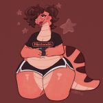 2023 absurd_res anthro artist_name bottomwear breasts brown_hair cleavage clothed clothing fangs female fingers forked_tongue hair half-closed_eyes hi_res hotpants kneeling kooriki midriff narrowed_eyes nintendo nintendo_switch non-mammal_breasts open_mouth red_body reptile scalie shirt shorts slightly_chubby snake solo teeth thick_thighs tongue tongue_out topwear wide_hips