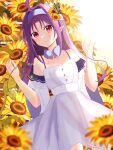  1girl ahoge bare_shoulders blurry blush bow bowtie collarbone commentary_request depth_of_field detached_sleeves dress dutch_angle field flower flower_field hair_flower hair_intakes hair_ornament hairband light_blush long_hair looking_at_viewer luna31800 pointy_ears purple_hair red_eyes sidelocks solo summer sunflower sword_art_online twitter_username very_long_hair w_arms white_dress yellow_flower yuuki_(sao) 
