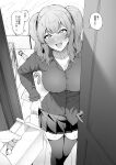  1boy 1girl adjusting_clothes after_masturbation bed blush breasts cleavage collared_shirt door greyscale hair_between_eyes highres hitachi_magic_wand holding kantai_collection kashima_(kancolle) large_breasts long_hair long_sleeves looking_at_viewer miniskirt monochrome nose_blush open_mouth pee_pad pleated_skirt pov sex_toy shirt skirt speech_bubble stain sweat takaman_(gaffe) thighhighs translation_request twintails vibrator 