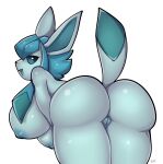anthro big_breasts blue_body blue_fur blue_hair breasts butt canid eeveelution female fur generation_4_pokemon genitals glaceon glistening glistening_body glistening_breasts glistening_butt hair hi_res looking_at_viewer looking_back mammal nintendo nipples nude pokemon pokemon_(species) pussy rear_view simple_background solo tail villmix