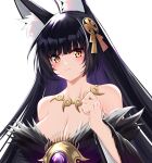  1girl absurdres animal_ear_fluff animal_ears azur_lane bare_shoulders beads black_hair black_kimono breasts catnnn cleavage collarbone facial_mark fox_ears fox_girl fur-trimmed_kimono fur_trim gem hair_ornament highres japanese_clothes jewelry kimono kitsune kyuubi large_breasts long_hair looking_at_viewer magatama magatama_necklace multiple_tails musashi_(azur_lane) necklace prayer_beads purple_gemstone simple_background solo tail upper_body very_long_hair whisker_markings white_background yellow_eyes 