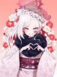  absurdres black_scarf blue_archive flower fur_scarf halo heart heart_hands highres hotta_karasi japanese_clothes kimono mutsuki_(blue_archive) mutsuki_(new_year)_(blue_archive) pink_eyes pink_halo plum_blossoms ponytail scarf smile white_hair white_kimono 