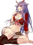  arm_support boots bow breasts cake circlet cleavage crop_top cross dragon_maker finger_licking food groin horns large_breasts licking long_hair matsui_hiroaki midriff navel purple_eyes purple_hair santa_costume simple_background sitting solo yokozuwari 