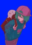  1girl amano_yae backpack backwards_hat bag baseball_cap blue_background blue_sweater commentary_request cowboy_shot creature dosukoi!_(napoli_no_otokotachi) floral_print flower green_eyes green_hair hair_ornament hairclip hat in_bag in_container leaning_forward long_sleeves looking_at_creature looking_back medium_hair napoli_no_otokotachi open_mouth pink_flower pink_skirt print_sweater randoseru simple_background skirt solo sweater yoshino_(540desu) 